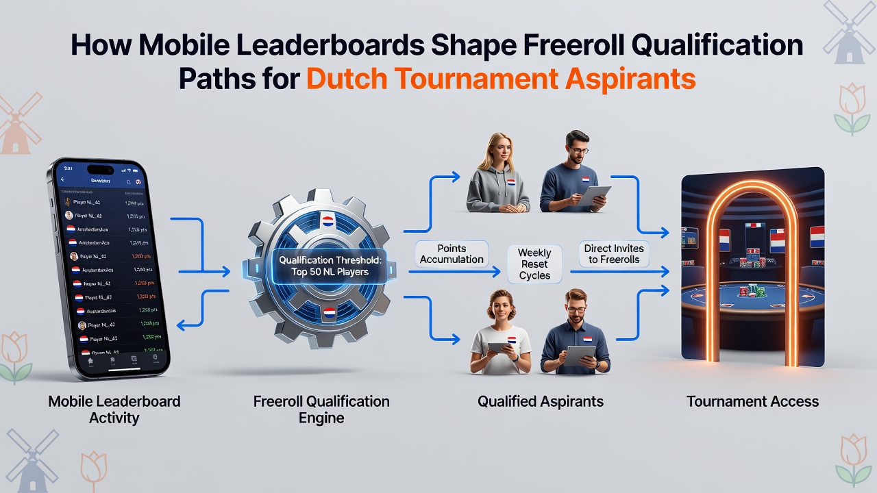 Nederlandse toernooi-aspiranten die mobiele leaderboards bekijken op smartphones om hun freeroll kwalificatie te volgen